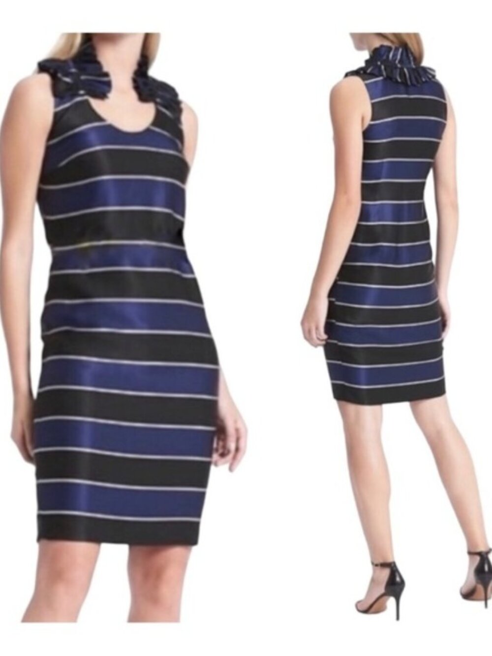 Banana Republic Blue & Black Striped Ruffle-Neck Sheath Dress - 10